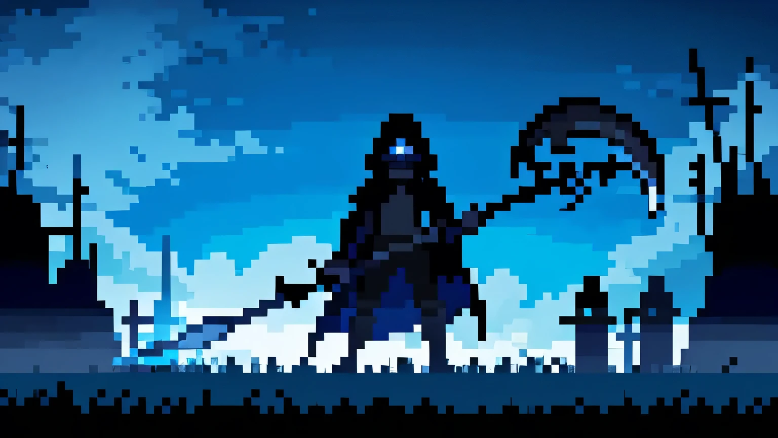 best quality, 8k, highly detailed, ultra-detailed, highly-detailed shading, pixel art style, concept art, by Paul Kelpe, 2d game model, pixel perfect, scifi, red lighting, Grim Reaper stands in front of a gravestone, has Skeletal body, wearing a black cloak, holds a scythe, blue wisps come out of his scythe, blue fog behind the reaper, setting is in a graveyard, coffins laying on the dirt, red moon