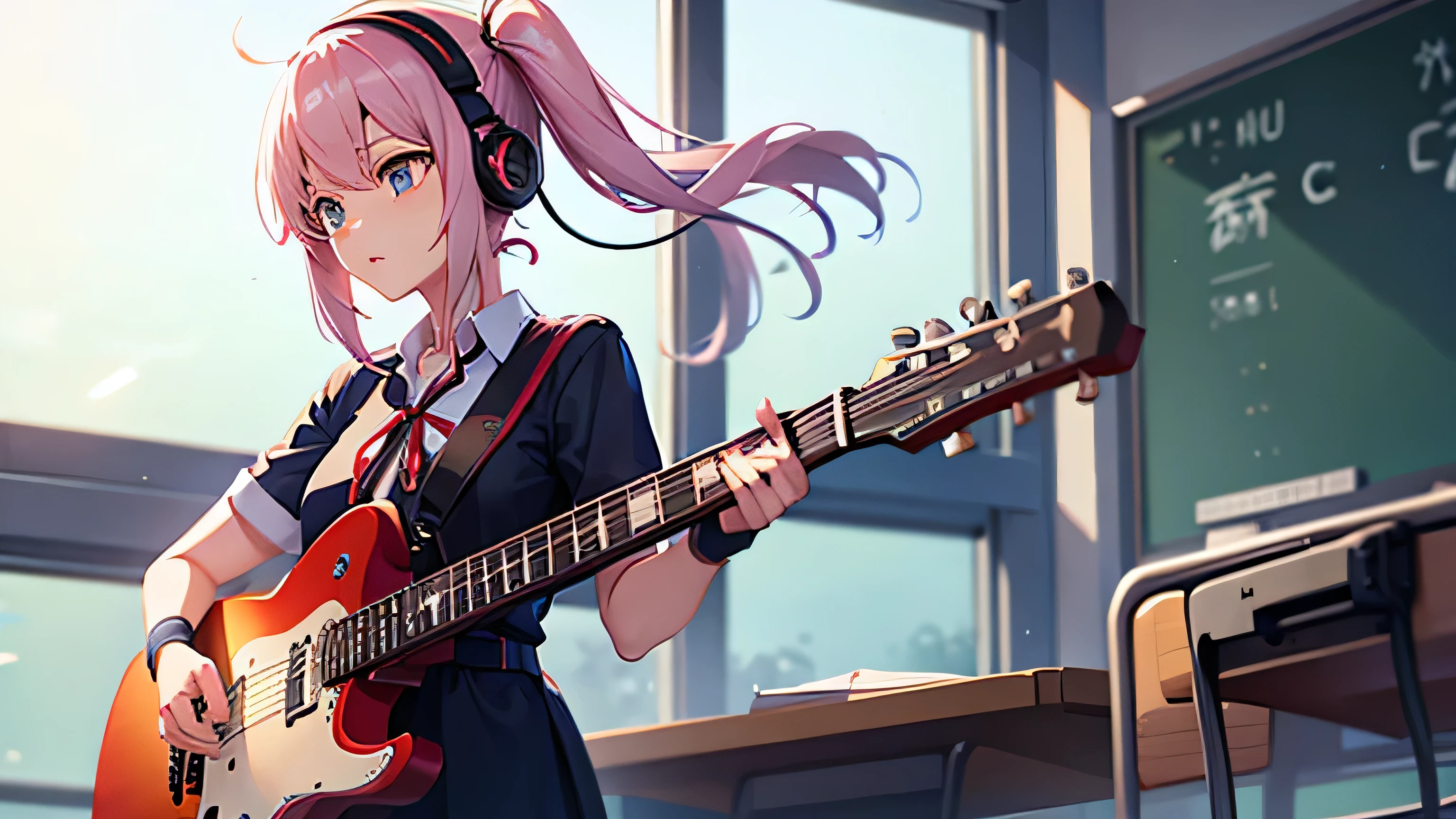 A female student wearing headphones and playing an electric guitar。Standing and playing in a school classroom。Japanese anime style。