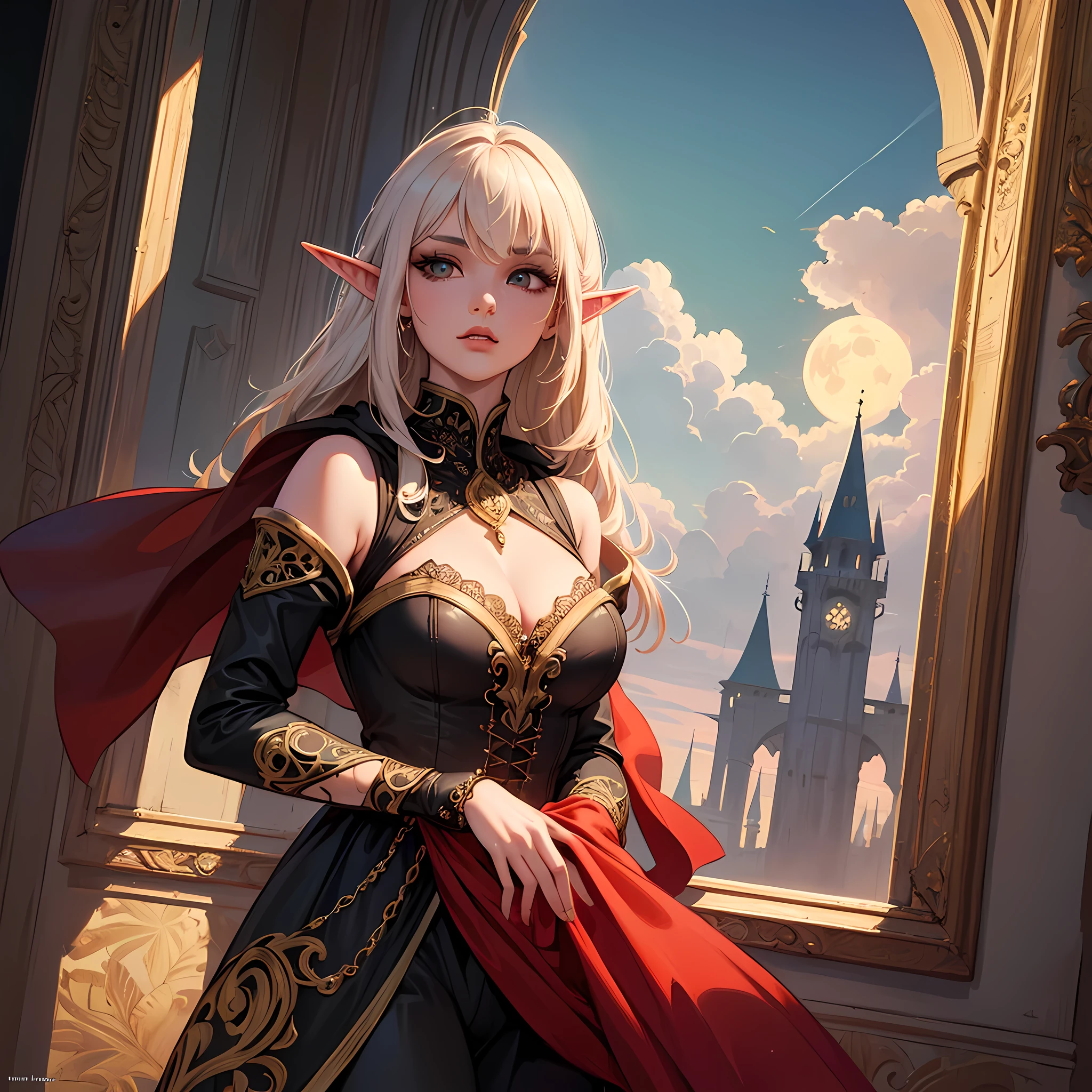 fantasy art, gothic art, (masterpiece:1.5), full body best details, highly detailed, best quality, Glowing Red, highres, full body portrait of a vampire, elf (Masterpiece, best quality: 1.6), ultra feminine, wizard, (intricate details, Masterpiece, best quality: 1.5) with a long curvy hair, light color hair, (red1.3) eyes, (fantasy art, Masterpiece, best quality), ((beautiful delicate face)), Ultra Detailed Face (intricate details, fantasy art, Masterpiece, best quality: 1.5), [[vampiric fangs 1.5]] (red cloak: 1.3) , flowing cloak (intricate details, fantasy art, Masterpiece, best quality: 1.3), wearing an intricate (black: 1.2) dress (intricate details, fantasy art, Masterpiece, best quality: 1.5), high heeled boots, urban background (intense details, beat details), fantasy, at night light, natural ,moon light, clouds, gothic atmosphere, soft light, dynamic light, [[anatomically correct]], high details, best quality, 8k, [ultra detailed], masterpiece, best quality, (extremely detailed), dynamic angle