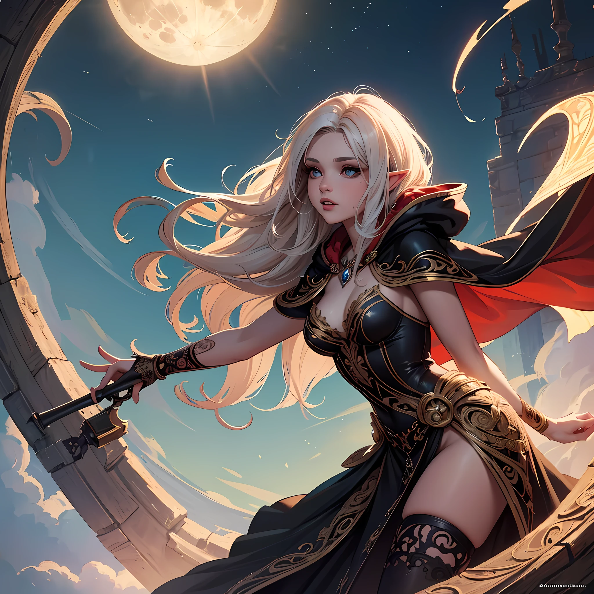 fantasy art, gothic art, (masterpiece:1.5), full body best details, highly detailed, best quality, Glowing Red, highres, full body portrait of a vampire, elf (Masterpiece, best quality: 1.6), ultra feminine, wizard, (intricate details, Masterpiece, best quality: 1.5) with a long curvy hair, light color hair, (red1.3) eyes, (fantasy art, Masterpiece, best quality), ((beautiful delicate face)), Ultra Detailed Face (intricate details, fantasy art, Masterpiece, best quality: 1.5), [[vampiric fangs 1.5]] (red cloak: 1.3) , flowing cloak (intricate details, fantasy art, Masterpiece, best quality: 1.3), wearing an intricate (black: 1.2) dress (intricate details, fantasy art, Masterpiece, best quality: 1.5), high heeled boots, urban background (intense details, beat details), fantasy, at night light, natural ,moon light, clouds, gothic atmosphere, soft light, dynamic light, [[anatomically correct]], high details, best quality, 8k, [ultra detailed], masterpiece, best quality, (extremely detailed), dynamic angle