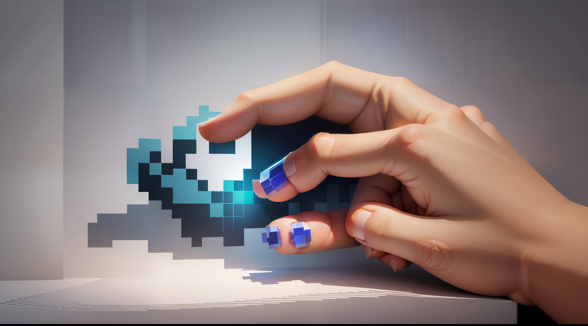 (optical illusion + hand) ~ (Pixel art) ~ , drawn three-dimensionally with lines and shadows with highlights, sketch on a white background