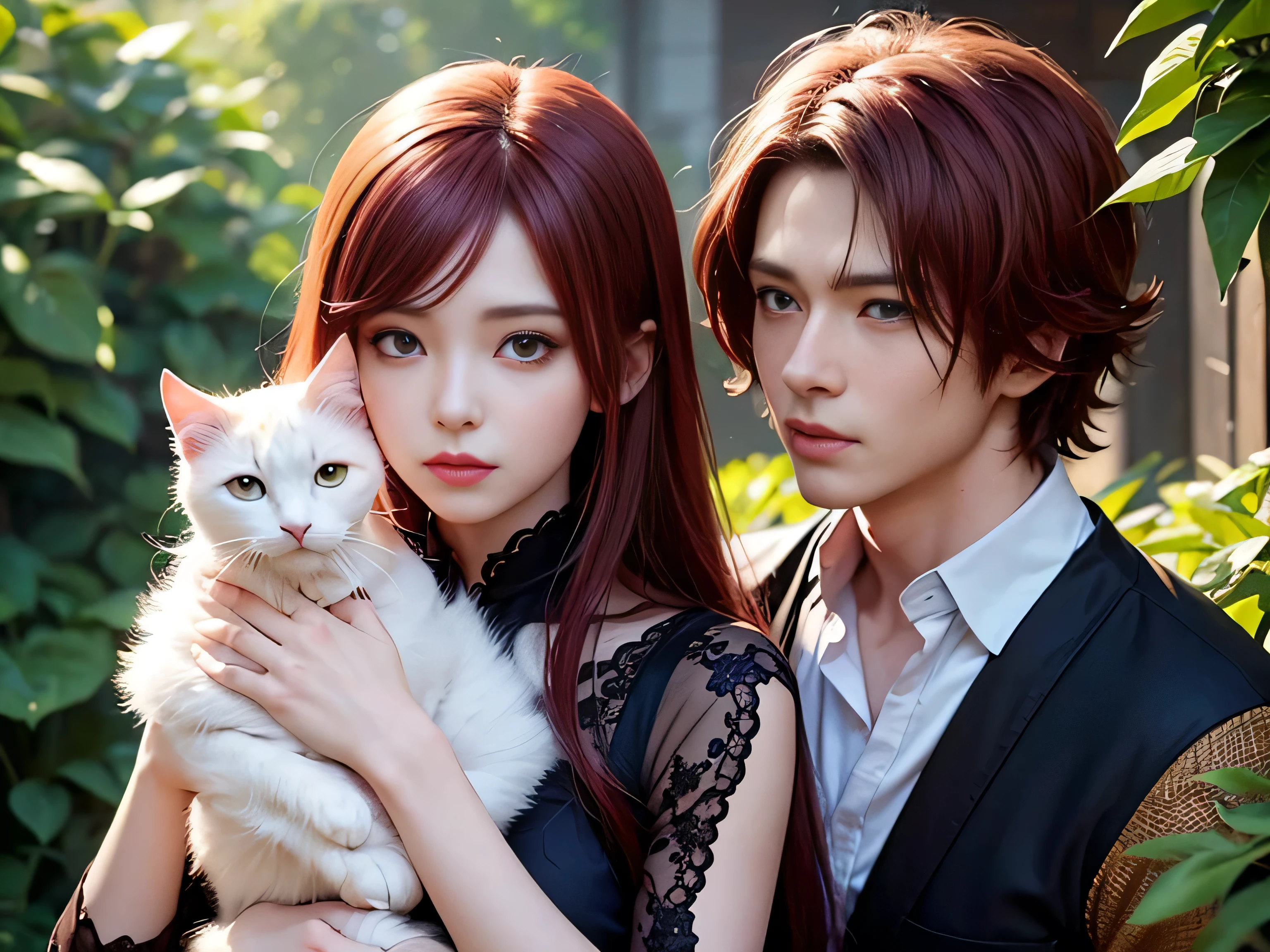 anime character with red hair holding a white cat in front of a bush, a character portrait by Yang J, pixiv contest winner, furry art, handsome guy in demon slayer art, delicate androgynous prince, artwork in the style of guweiz, beautiful androgynous prince, detailed digital anime art, anime realism style, fantasy art style, digital anime illustration