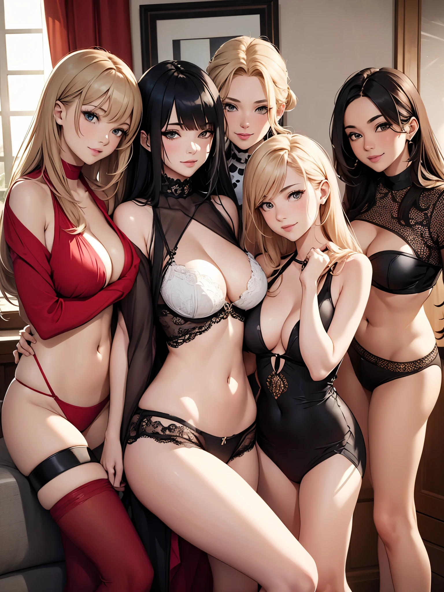 4 girls, Multiple people、bra very, closed eye, s lips, length hair, Opened mouth, a picture_\(Curly\), unrealistically,  , undergarment,(​masterpiece),(Realistic: 1.3)、NFSW、ultra-detailliert、(High Detail Skins:1.2)、(top-quality:1.0)、(超A high resolution:1.0)、Wearing a T-back、T-back that digs into the buttocks、all-fours、stick out buttocks、thighs thighs thighs amazing muscles　thighs thighs thighs thighs、Show me your ass、A pink-haired、Licking each other、Provocative、Scruffy nipples、pubick hair、Pussy