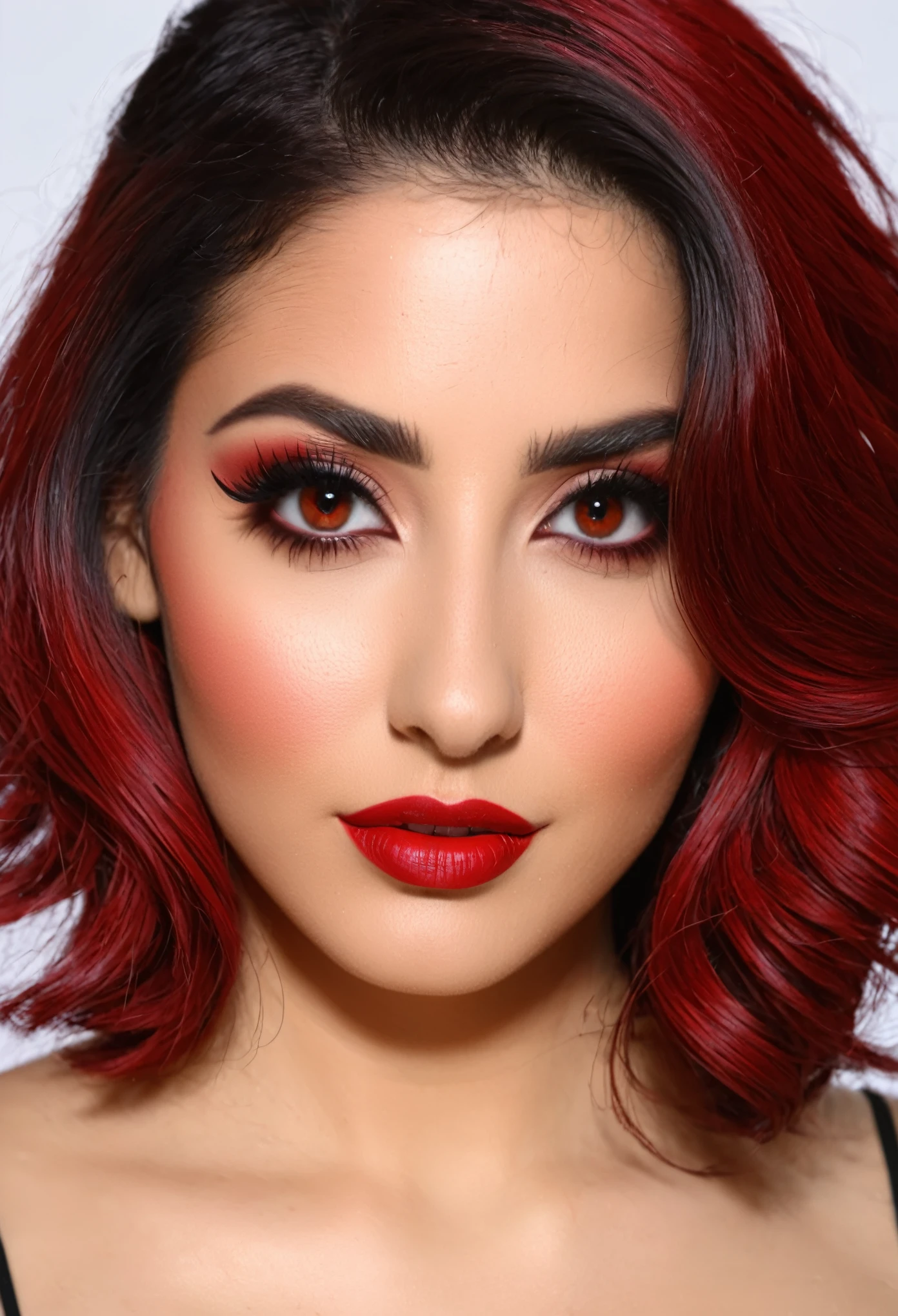 Mujer con un cuerpo perfecto,ojos color rojo sangre igual su cabello,con cola de lobo,y orejas puntiagudas piel morena