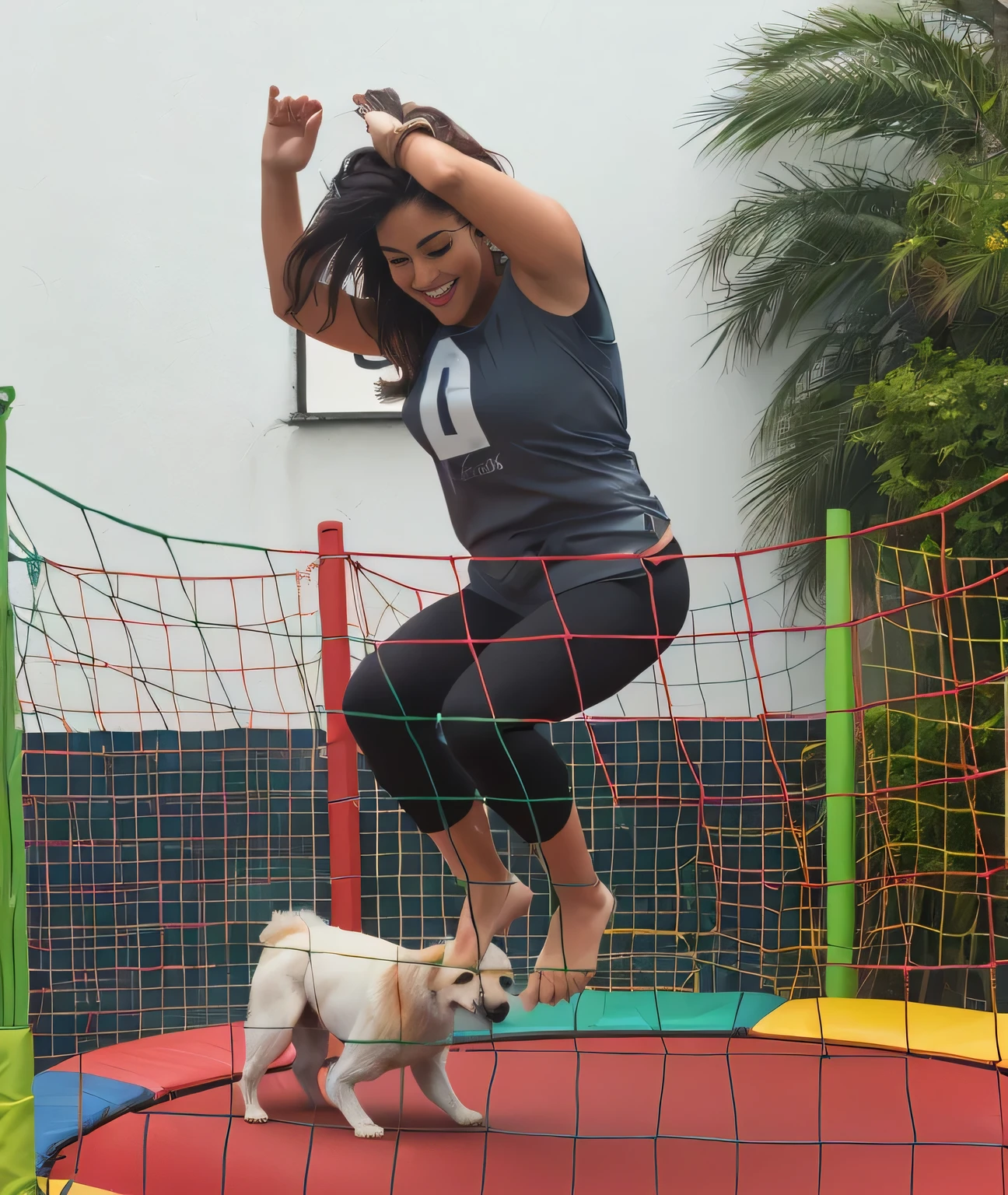 there is a woman jumping on a trampoline with a dog, bouncing, softplay, in a bouncing floating pose, jumping, having a lot of fun, jumping for joy, jumping horizontally!!!, acrobatic, jumping in the air, playing, jumping, jumping with arms up fitness body, 35 year old Brazilian mother, is about 35 years old, full body, adult woman, detailed body, frontal photo, full body, full photo, tanned supermodel, 40s woman, HDR, well-lit hands , photorealistic, detailed and realistic hands, 5 fingers per hand, alone, dark hair, green thong bikini, full body photo, clear and high quality photo. Beautiful woman, extremely sexy, very sensual. Masterpiece: 1.3, high resolution, (photographically realistic), 8k, NUDITY, NFSW