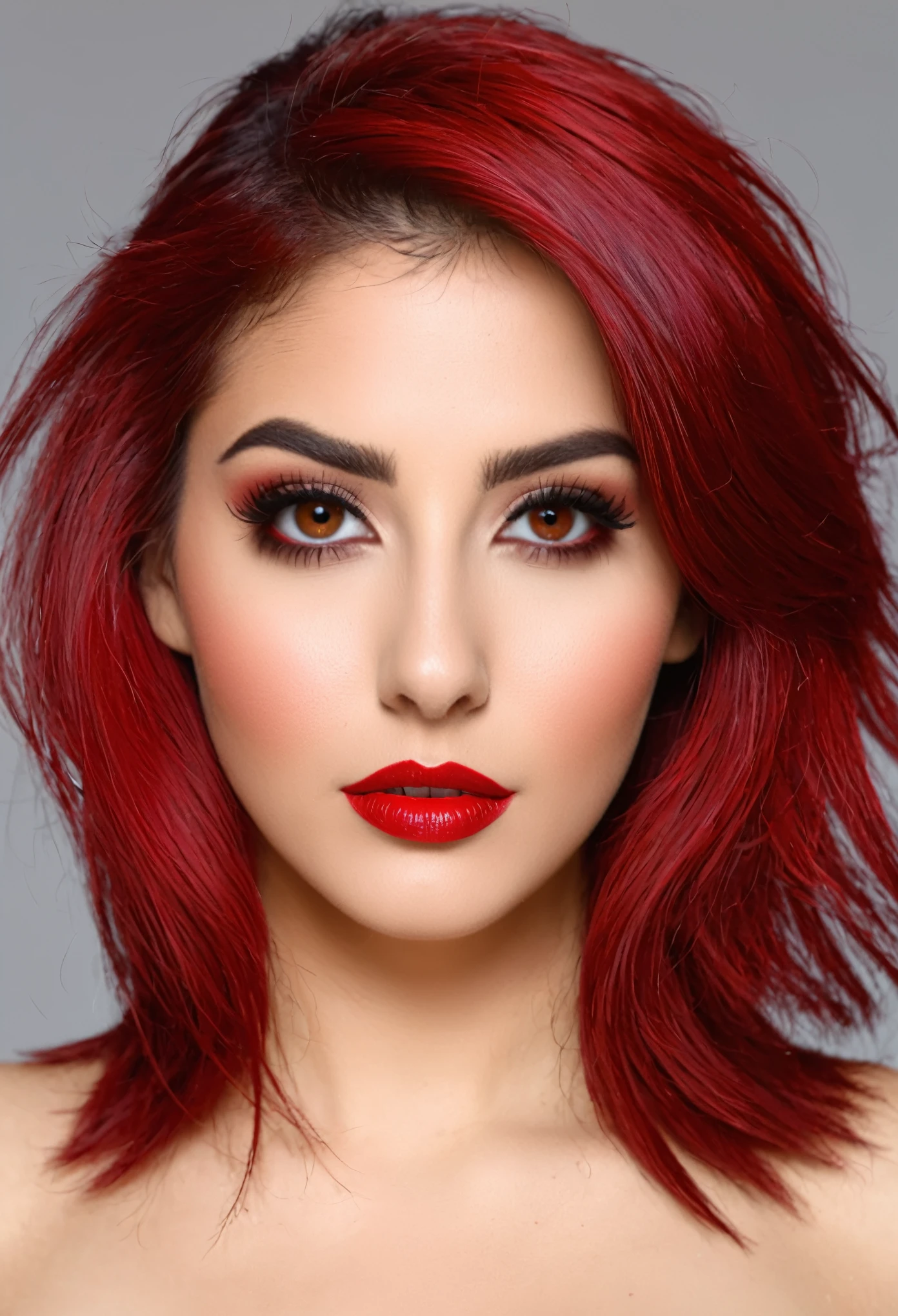 Mujer con un cuerpo perfecto,ojos color rojo sangre igual su cabello,con cola de lobo,y orejas puntiagudas piel morena