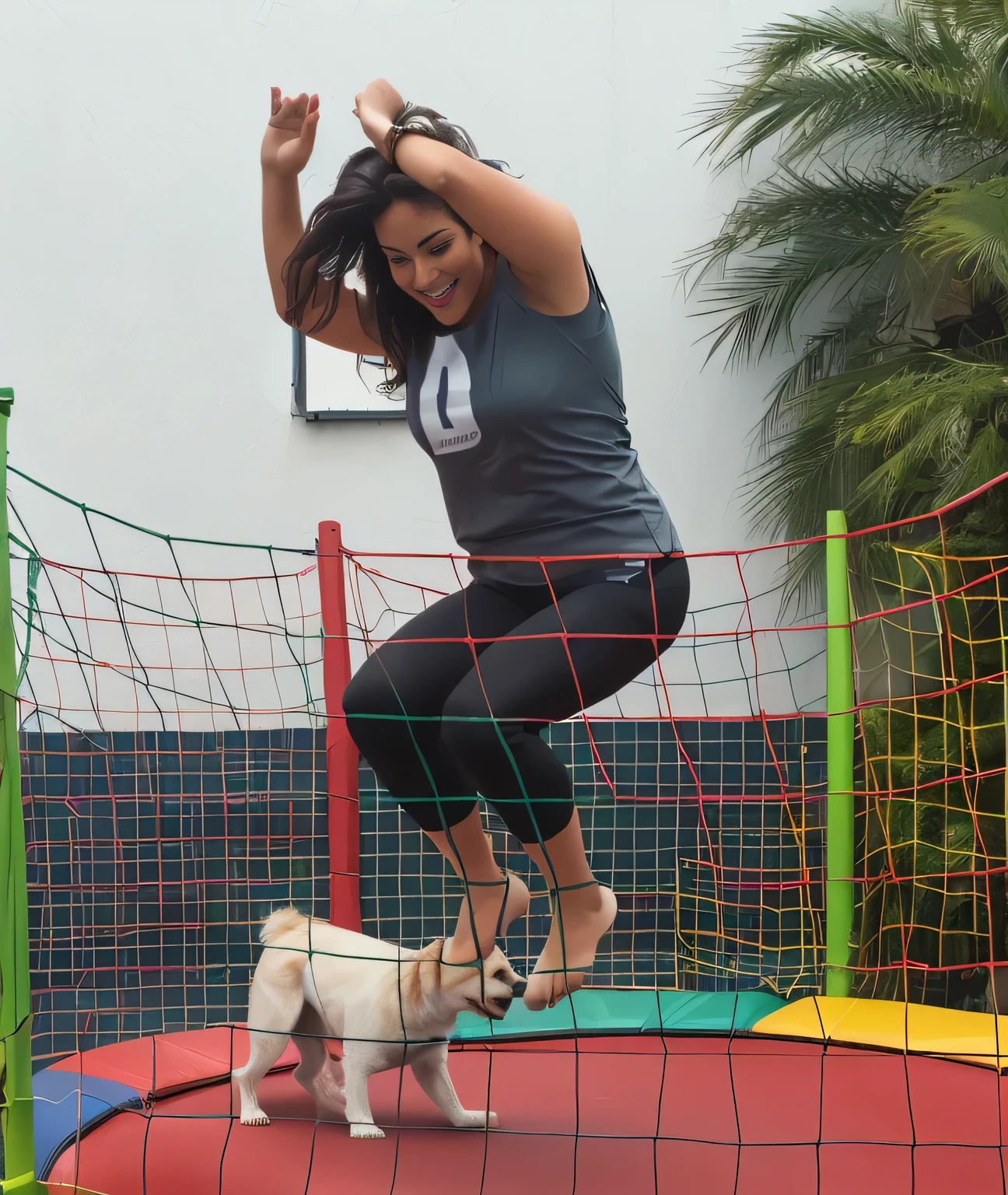 there is a woman jumping on a trampoline with a dog, bouncing, softplay, in a bouncing floating pose, jumping, having a lot of fun, jumping for joy, jumping horizontally!!!, acrobatic, jumping in the air, playing, jumping, jumping with arms up fitness body, 35 year old Brazilian mother, is about 35 years old, full body, adult woman, detailed body, frontal photo, full body, full photo, tanned supermodel, 40s woman, HDR, well-lit hands , photorealistic, detailed and realistic hands, 5 fingers per hand, alone, dark hair, green thong bikini, full body photo, clear and high quality photo. Beautiful woman, extremely sexy, very sensual. Masterpiece: 1.3, high resolution, (photographically realistic), 8k, NUDITY, NFSW