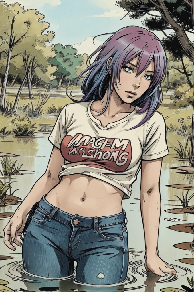 An anime woman with colored hair and t-shirt and jeans drowning in swamp, desperation, masturbation