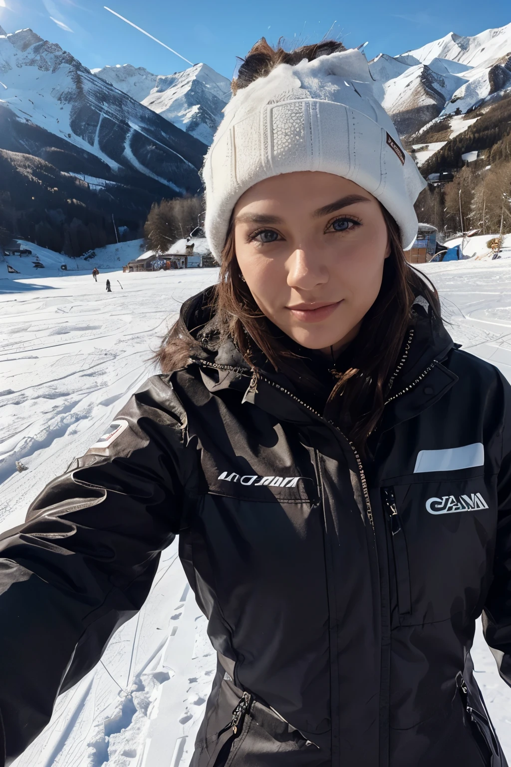 Beautiful scanidnavian woman, intagram model, brown eyes ,Skiing in winter, long distance photo
