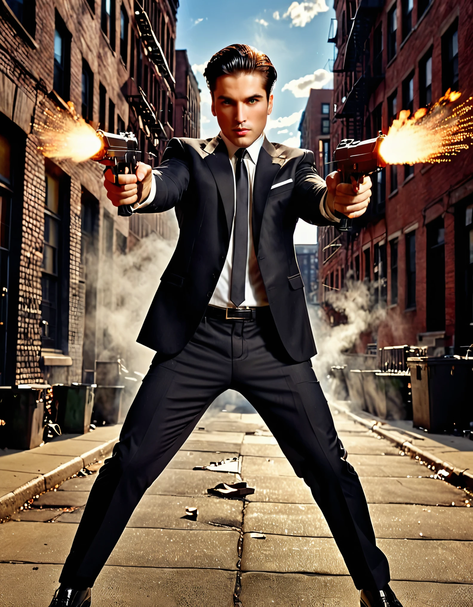 (best illumination, high contrast, sharp details), (a person:1.2+male) mobster, black suit and tie, white shirt, black slacks, black polished shoes, standing, dynamic action pose, holding dual pistols, Beretta 92FS, muzzle flash, shell casings, gunsmoke, bullet holes, aiming at viewer, black hair, brown hair, short hair, groomed hair, age 28, intense action, brooklyn, high-end apartment backdrop, vivid colors, high saturation, dramatic shadows.