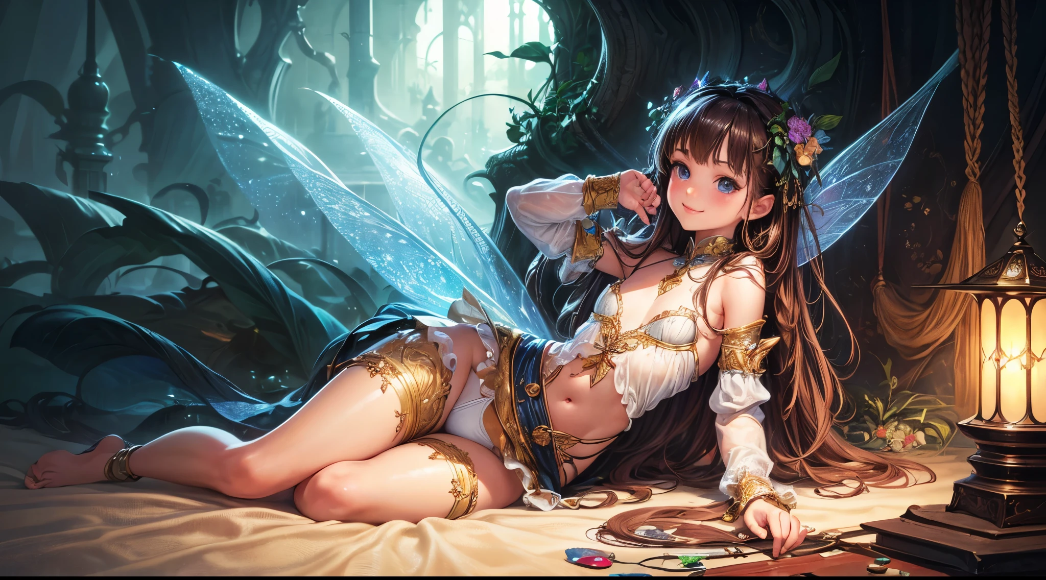( Absurd, High quality, ultra-detailed, masterpiece, concept art, smooth, highly detailed artwork, hyper-realistic painting ) , tiny , young girl, cute, whole body, Romantic, Vivid, dreamy, fantasy, fairy, enchanting glow, very detailed art, reveal clothes, sexy lace underwear, smile, teasing and youthful, flat-chested