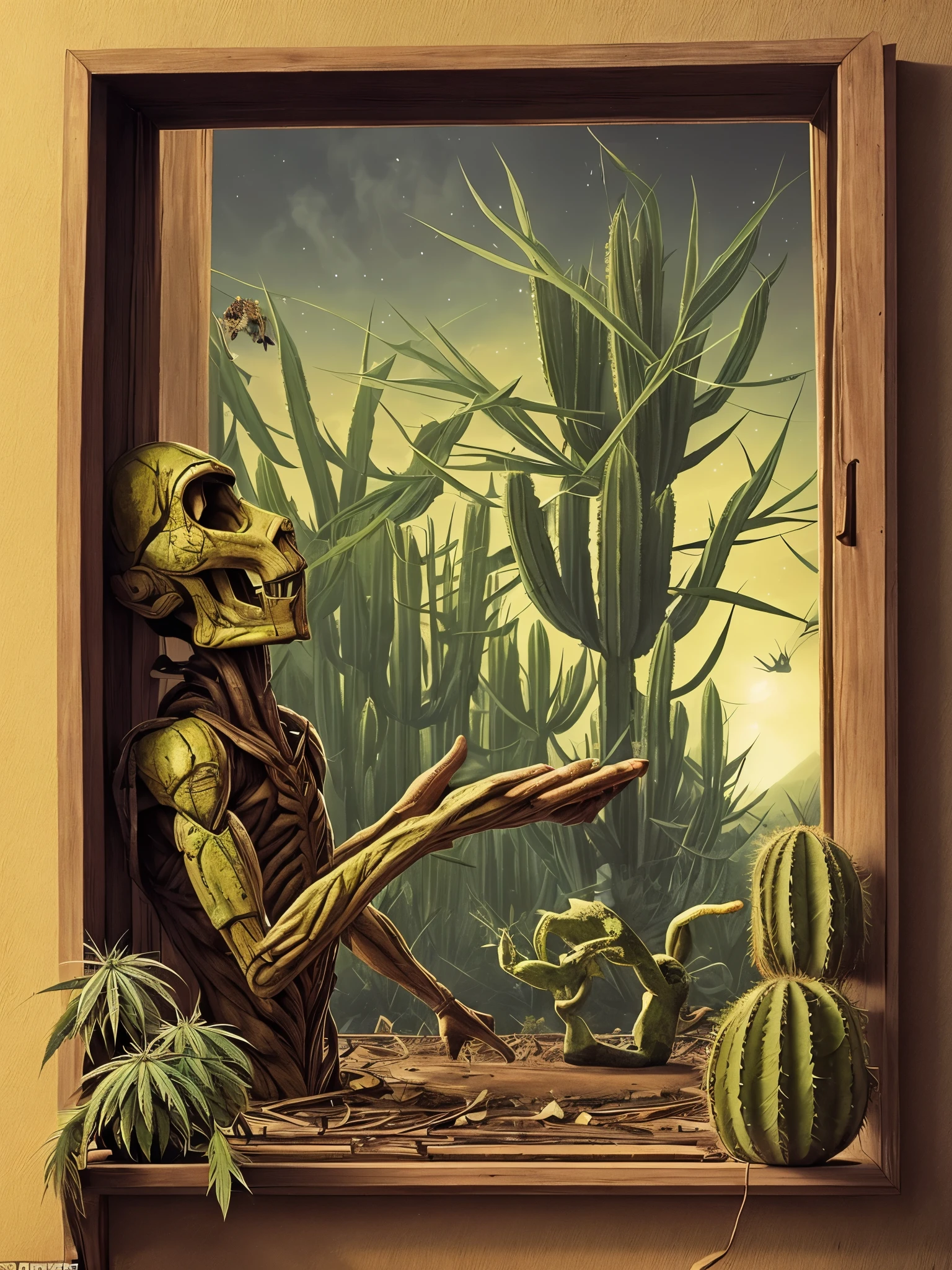 A humanoid alien from the ass planet smokes a cannabis bush in his hand and smokes a humanoid cactus man wrapped in paper, and that one, who is not this, continues his work and intends to jump with happiness. They're all having fun, But not always. In their reflection they see the room, covered by a portal., and they dive there again and again. But in the end they all turn out to be ordinary people.