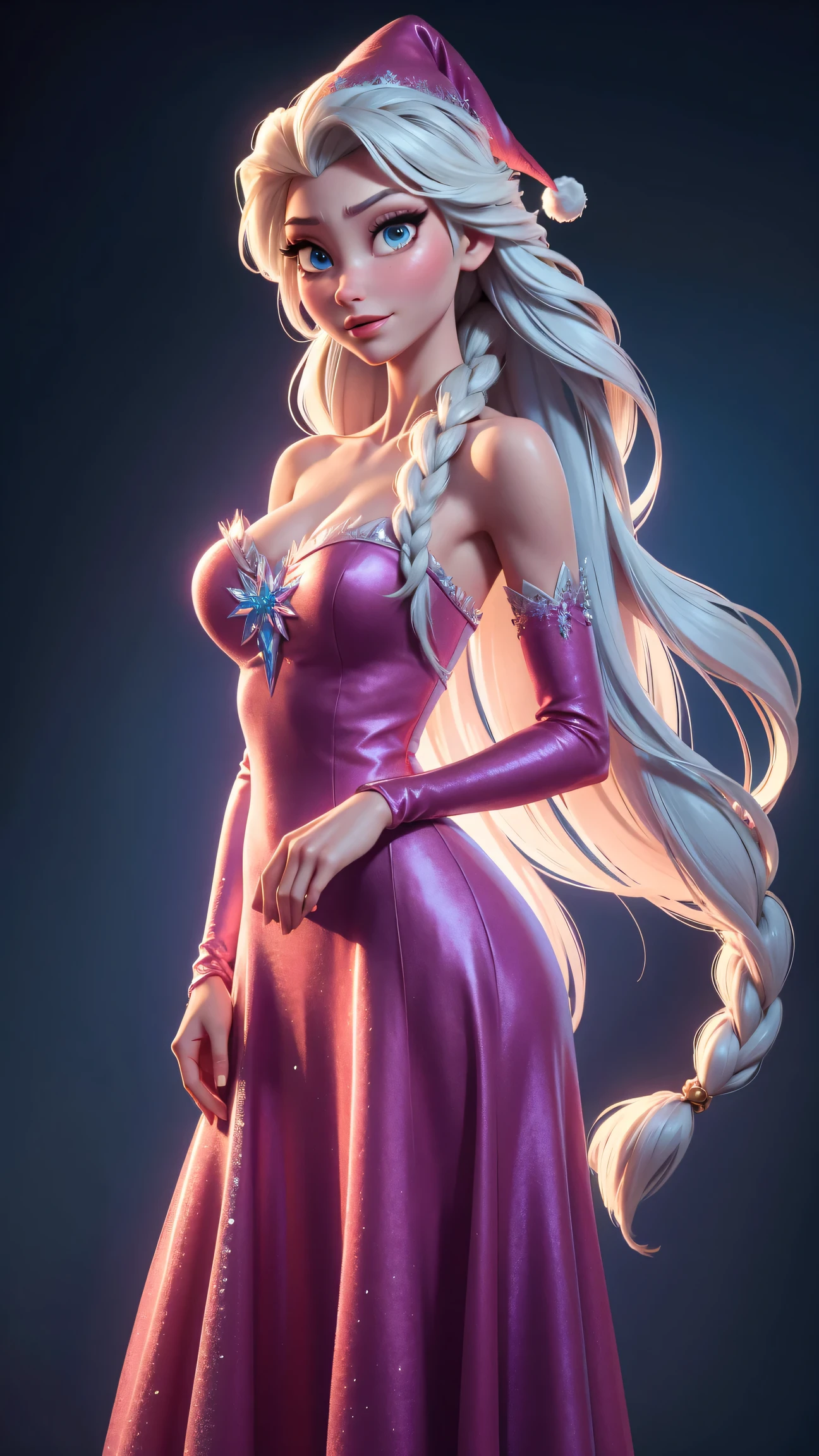 Generate an realistic image of Elsa from Frozen, real character Frozen elsa, dressed in modern fashion for a New Year's . HDR 8K texture dress, visual render Elsa, Elsa should be wearing a red, delicate long dress , along with a New Year's santa hat. The dress should be stylish and suitable for a princess. New Year's dress with real feathers and tassels, huge breasts