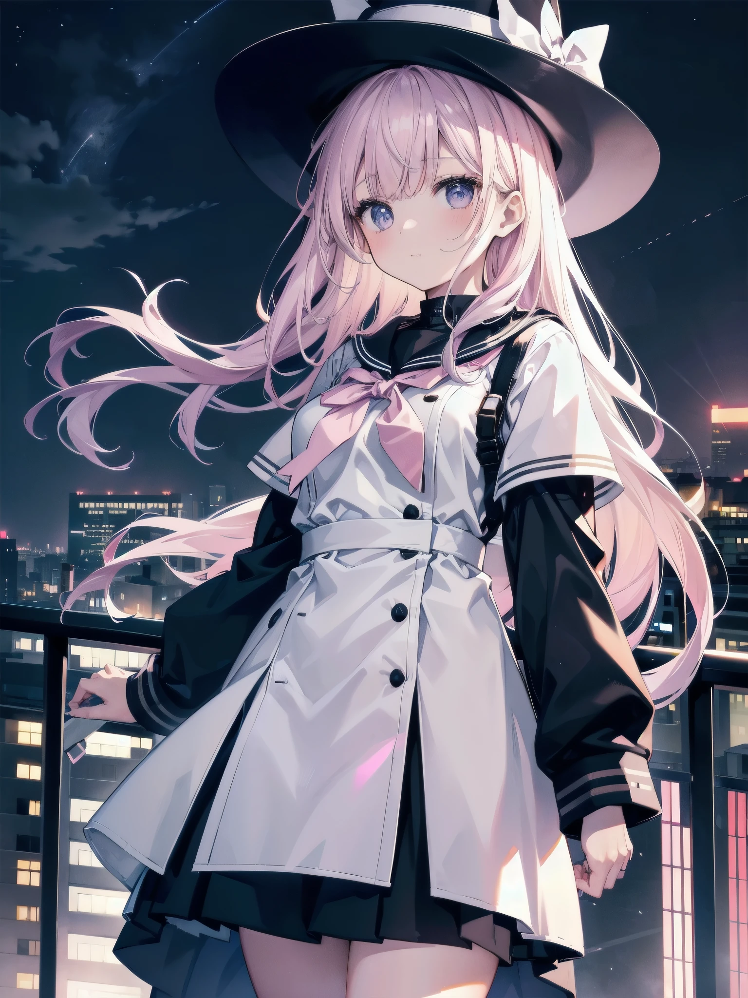 A girl stands on the rooftop of a high-rise building overlooking Tokyo late at night、A high school student wearing a white and black sailor uniform with a pale pink ribbon、She wears a large witch&#39;s hat with a small sapphire accessory、A few star creams、Beautiful starry sky、Beautiful night view、