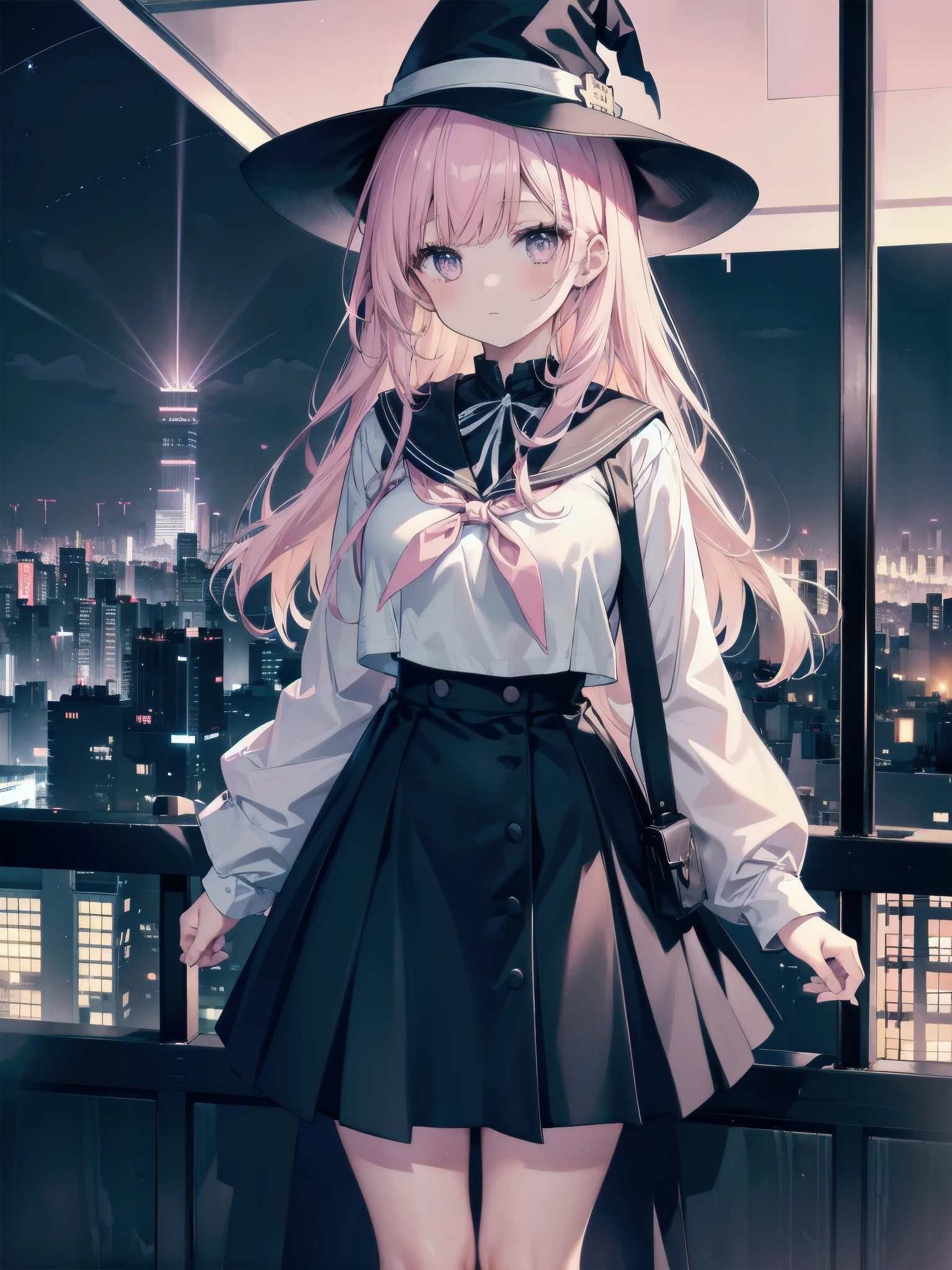 A girl stands on the rooftop of a high-rise building overlooking Tokyo late at night、A high school student wearing a white and black sailor uniform with a pale pink ribbon、She wears a large witch&#39;s hat with a small sapphire accessory、A few star creams、Beautiful starry sky、Beautiful night view、