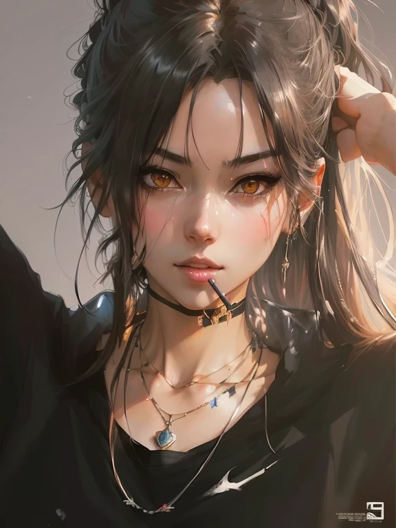 anime girl with a cigarette in her mouth and a necklace on her neck, realistic artstyle, artwork in the style of guweiz, anime realism style, realistic anime artstyle, with long hair and piercing eyes, realistic art style, realism artstyle, realistic anime art style, digital anime illustration, realistic anime 3 d style, guweiz