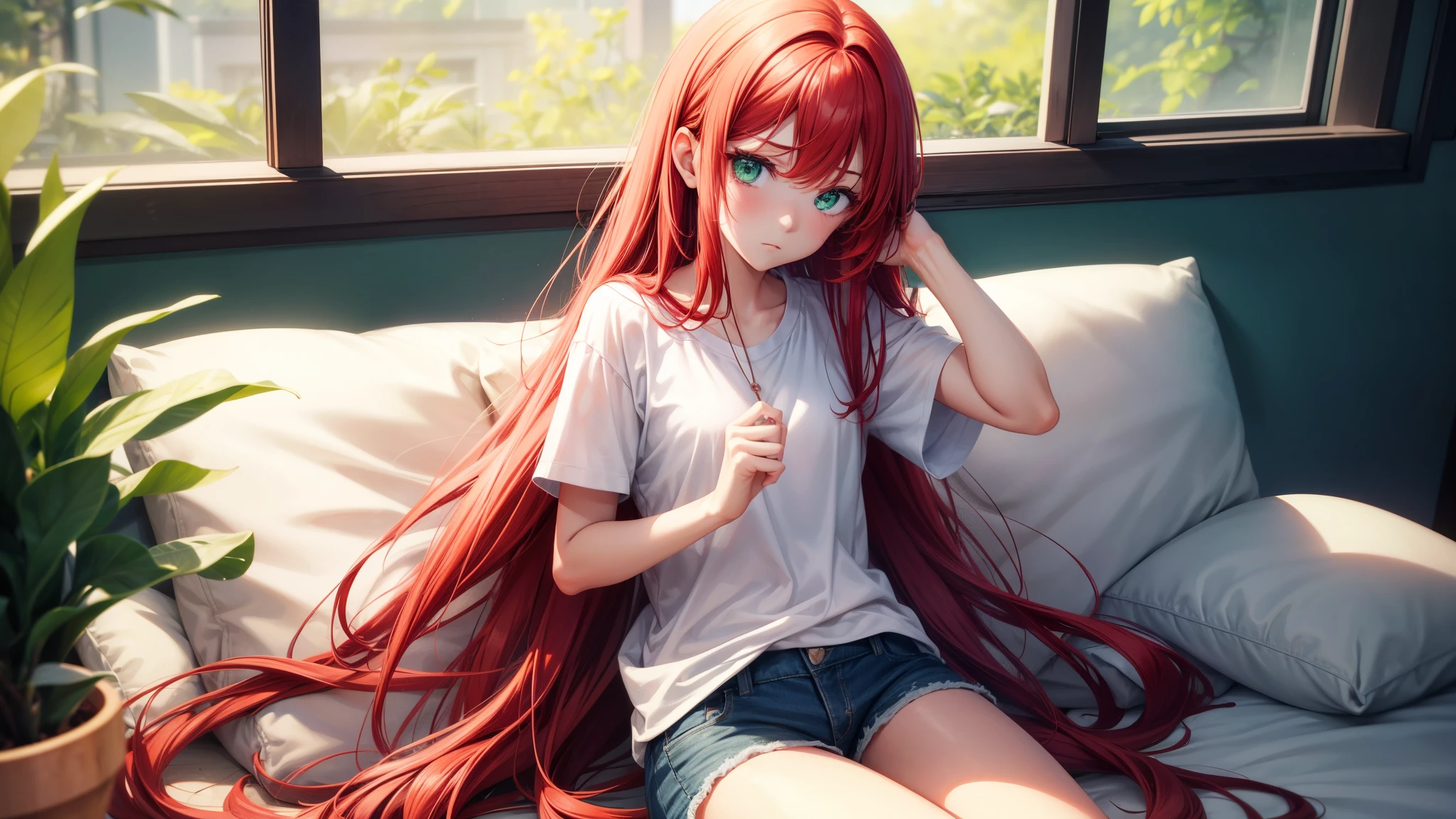 Best quality, ultra high resolution, 1 girl, Red hair, Green eyes, short and thin body, wearing a white shirt and shorts, ((shyexpression)),