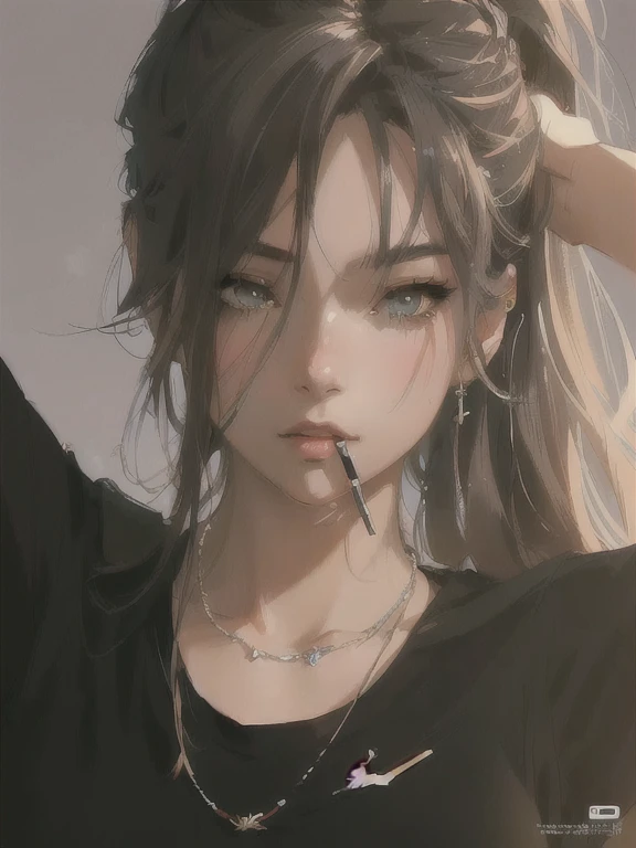 anime girl with a cigarette in her mouth and a necklace on her neck, realistic artstyle, artwork in the style of guweiz, anime realism style, realistic anime artstyle, with long hair and piercing eyes, realistic art style, realism artstyle, realistic anime art style, digital anime illustration, realistic anime 3 d style, guweiz