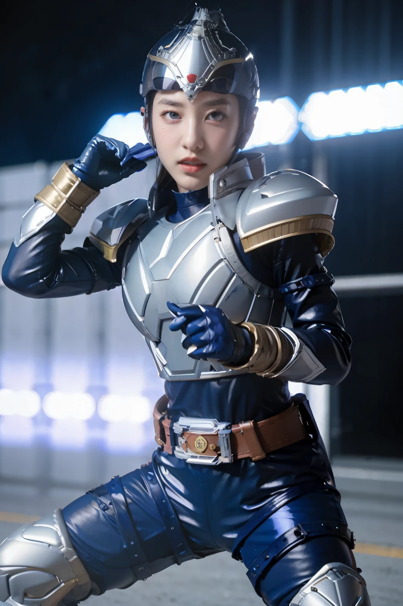 (extremely detailed CG), (best quality), perfect face,  shiny skin, lustrous skin, solo,1girl,BladeRider, blue gloves,rider belt,gloves, bodysuit, , armor,belt,helmet.clenched hands,fighting stance,