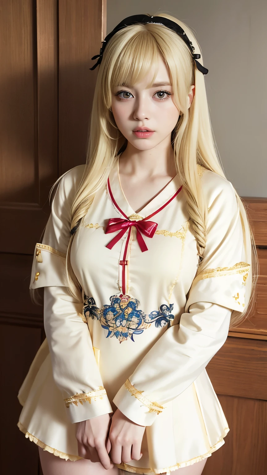 highest quality, masterpiece, 8k, Ultra-high resolution, (Realistic: 1.4), 1 girl, Beautiful Face, Symmetrical eyes, big, Perfect Body Proportions, ((Long Hair))、((blonde:1.5)), Maid、((ゴスロリMaid服:1.4)), Viewer'sight, ((Coffee shop、Blurred Background:1.5)), Looking at the camera、Friendly smile、Seems kind、Cowboy Shot