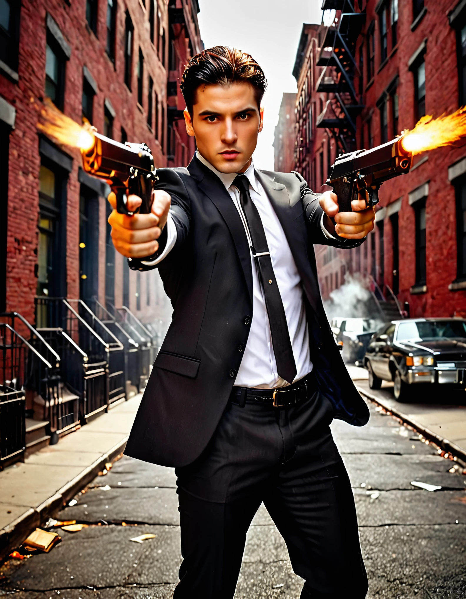 (best illumination, high contrast, sharp details), (a person:1.2+male) mobster, black suit and tie, white shirt, black slacks, black polished shoes, standing, dynamic action pose, holding dual pistols, Beretta 92FS, muzzle flash, shell casings, gunsmoke, bullet holes, aiming at viewer, black hair, brown hair, short hair, groomed hair, age 28, intense action, brooklyn, high-end apartment backdrop, vivid colors, high saturation, dramatic shadows.