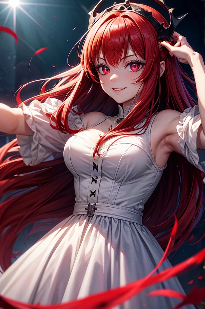 Blood-eyed Princess of Darkness, Redhead, Crown, Wicked Smile, Anime Style, Lens flare, High detail, First Person View, Cinema Lighting, masterpiece, Super detailed, Highest quality, 8K, Ultra-high resolution, Panty shot