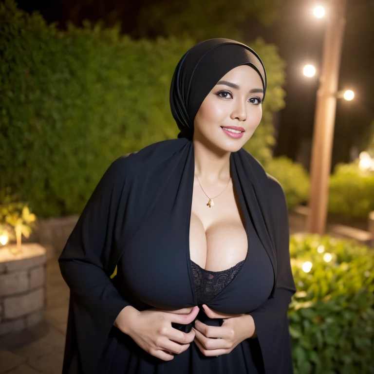 34 Years old, Indonesian MILF, wearing Wide Hijab, perfect curvy body, natural Huge breast : 42.9, gorgeous eyes, Soft smile, Gamis, necklace, hairband, Nightime walk, City garden, Excellent lighting, Dark colors, Clean lines, MP, Canon EOS 250D, 300dpi F2.