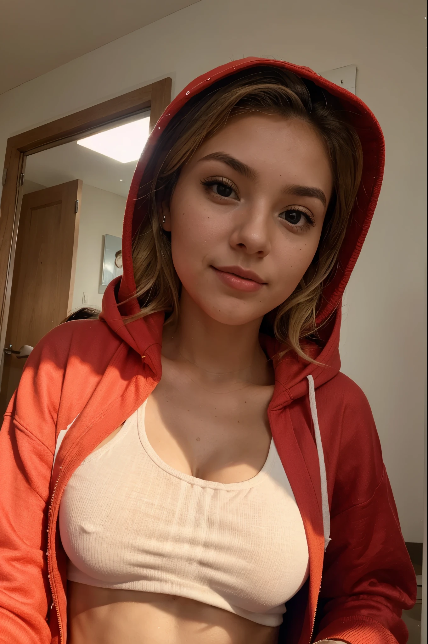 cute 22 years old blonde latina girl with brown eyes taking a selfie with the front camera using a oversized red hoodie crop top, hood up
