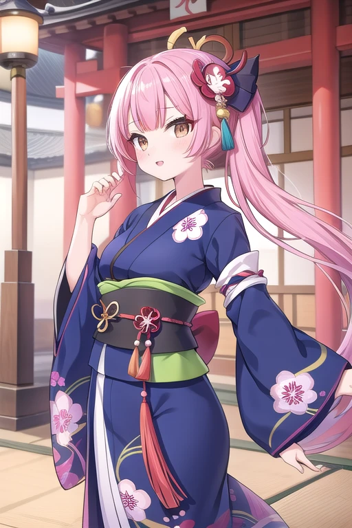 Une femme, 25 ans, mangas, cheveux longs, cheveux multicolores, details, kimono multicolore, Masque Kabuki, samourai, jardin zen, temple japonais
