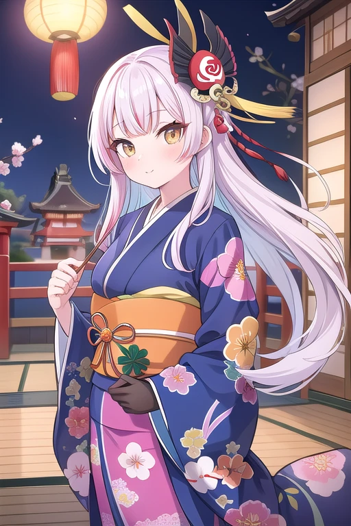 Une femme, 25 ans, mangas, cheveux longs, cheveux multicolores, details, kimono multicolore, Masque Kabuki, samourai, jardin zen, temple japonais