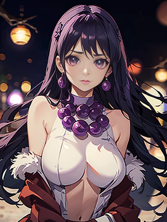 anime, athena girl wearing dev v neck evening gown, off shoulder white fur scarf, girl, big anime like eye, big bright eyes grape purple,black hair, bokeh, wide shot, 1 Girl, sexy slim girl, beautiful face, (beautiful sexy fit body:1.4), exquisite and beautiful big bright eyes, exquisite features, detailed features,, red lipstick, dark background, belly button, candle light, long hair, dress with lace details, laced dress, purple lights hair, bright eyes, choker, necklace, earings, bracelet, white gloves, realistic, masterpiece