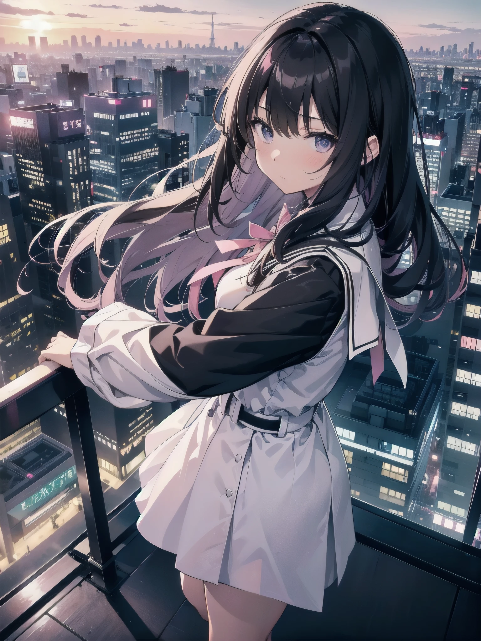 A girl stands on the rooftop of a high-rise building overlooking Tokyo late at night、A high school student wearing a white and black sailor uniform with a pale pink ribbon、She wears a large witch's hat with a small sapphire accessory、A few star creams、Beautiful starry sky、Beautiful night view、Blue Eyes、