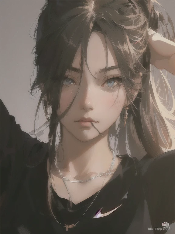 anime girl with a hair tie in her mouth and a necklace on her neck, realistic artstyle, artwork in the style of guweiz, anime realism style, realistic anime artstyle, with long hair and piercing eyes, realistic art style, realism artstyle, realistic anime art style, digital anime illustration, realistic anime 3 d style, guweiz