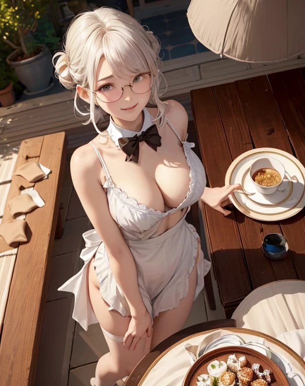 (best quality, masterpiece), (ultra high resolution, 8K RAW photo, photo realistics:1.5, textile shading, thin outline, clear focus:1.2), Beautuful Matured woman preparing tea-time in the garden, standing by the round table, (tea set, tea pot, tea cups, some cakes on dish), classy art deco style table, wearing light_brown maid uniform, breast cleavage, maid costume:1.2, long flare skirts, apron, bow ties on thechest, long tall sally, long legs, long white hair, (wearing thin-flame glasses:1.2), (milf:1.5, 28 years old, solo), (large breast, sagging breast, big tits, narrow waist), (medium short white hair, hair over one eye, (updo hair:1.2), side lock, asymmetric hair, wavy hair), (bright pupils, detailed eyes, high detailed face, Perfect face shape, eye rush), (seductitve smiling, half-closing eyes), (looking at viewers:1.3), (dynamic angle, full body, from above:1.2), ((correct anatomy:1.5, correct hands)), (ideal ratio of body proportions), (outdoor:1.2, grass field),