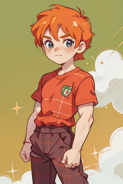 cute 12-years-old ginger irish kid boy, freckles, red plaid shirt, athletic physique, strong body, shoujo anime art style, shoujo manga art style