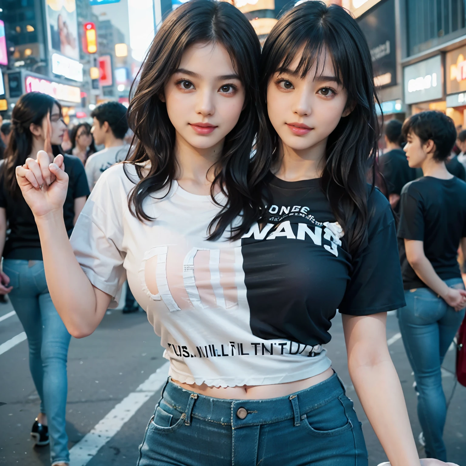((masterpiece、highest quality))、shape、Super detailed、8k、realistic、sharp focus、very detailed、professional lighting、colorful details、、detailed texture、skin moisture、shiny skin、perfect style、bow、(((unparalleled beauty:1.5)))、((precise fingers:1.5))、(wear underwear:1.5)、(wear jeans and a T-shirt:1.5)、(Walking in front of Times Square in New York at night)、look at the camera、18-year-old、medium breasts、shine、intricate details、Shitsumeka、1 A woman stands in front of the camera、smile、 information, conjoined_dicephalus, (two heads:1.2)