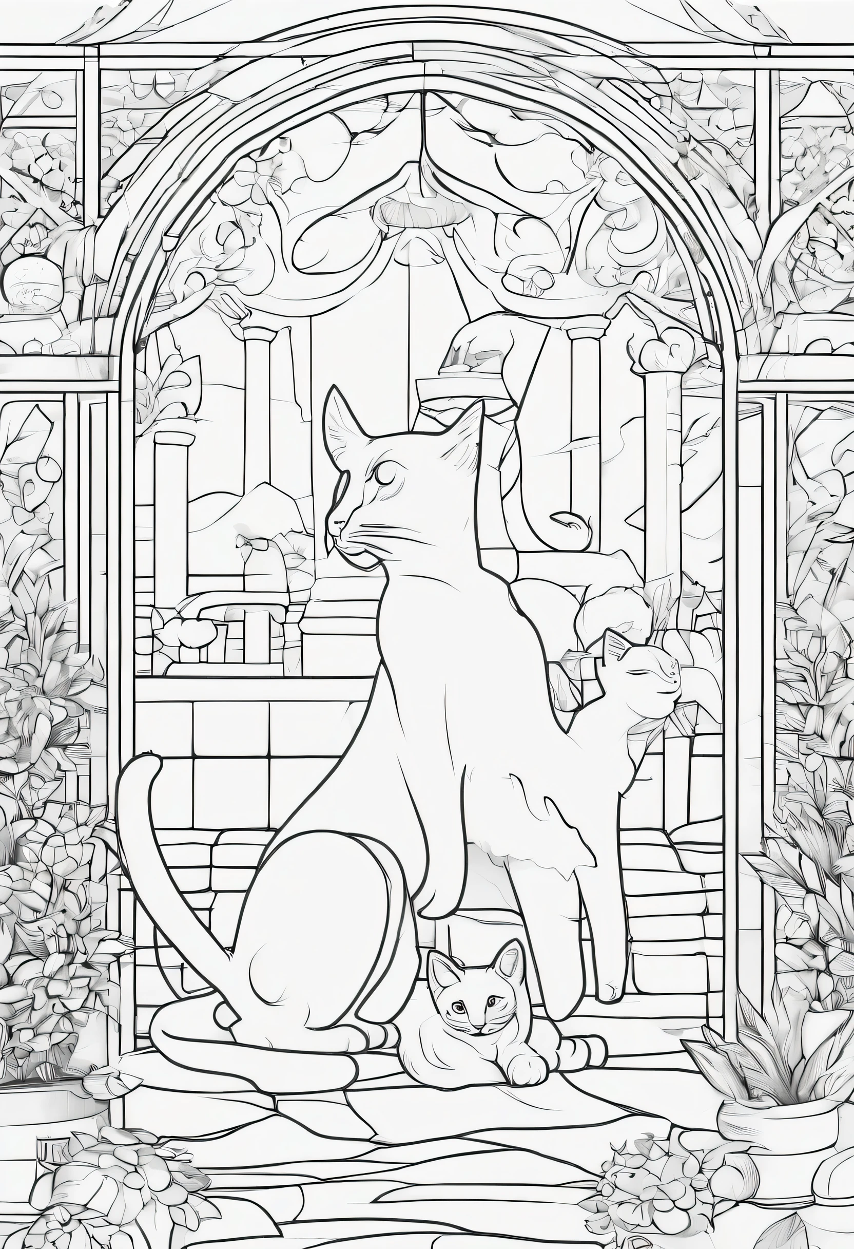 Coloring page of cat with her son playing around with kids in the garden clear lines