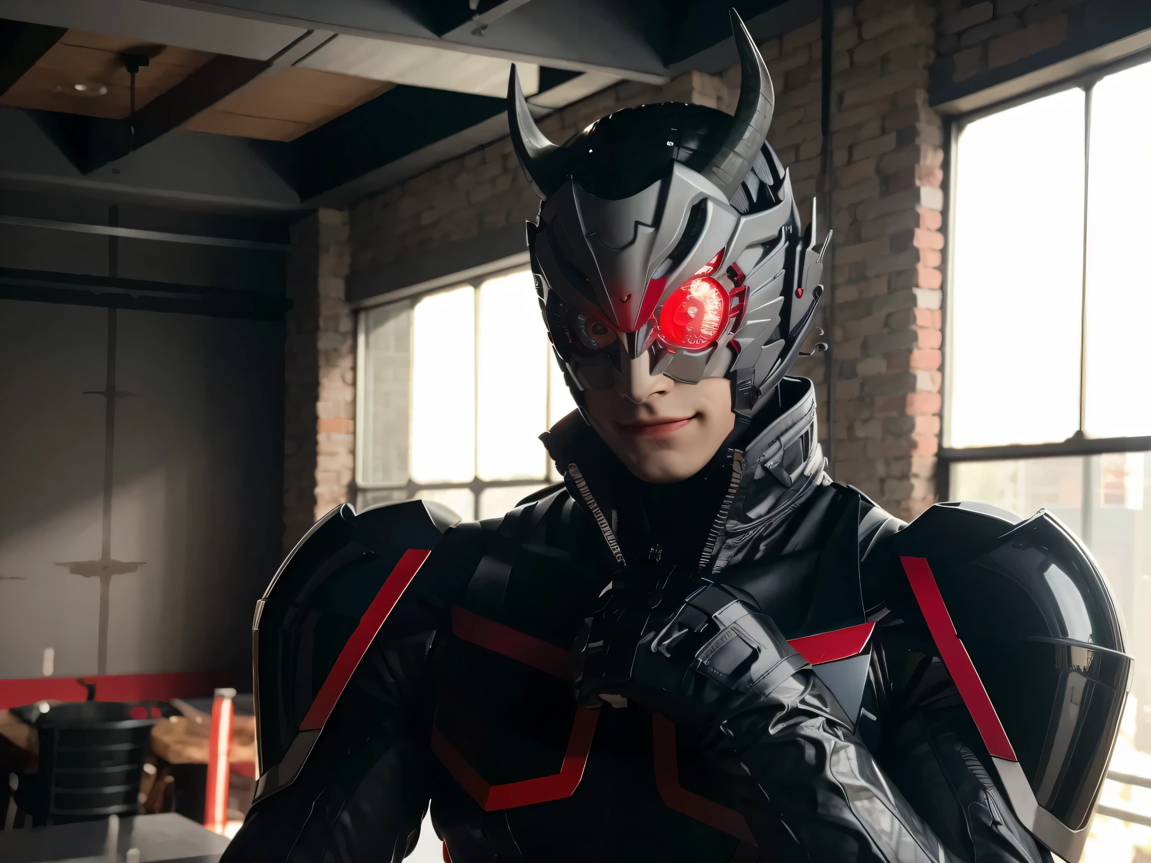 (extremely detailed CG), (best quality), male focus, 1boy, muscular, biceps, , ArkOne,gloves,black bodysuit,bodysuit,rider belt, armor,belt, horns, shoulder armor, side view, looking at viewer,evil smile,helmet,mask, clenched hands, indoors, glowing red eyes,