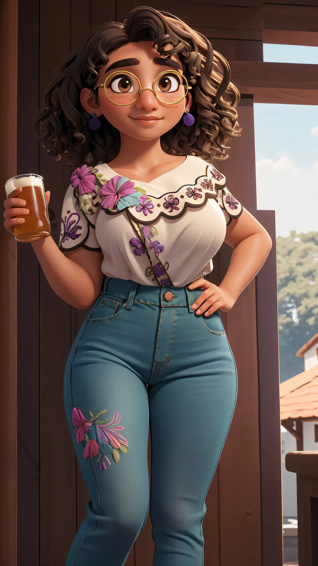 (best quality:1.4),(shiny skin), body focus, (cute face), (((best quality))), illustration, ((Beautiful Finger)), , Beautiful body, Beautiful character design, ,perfect lighting, Colorful, Bright_Front_face_Lighting, ultra high res, highres, absurdres:1.2, bokeh:1.2, lens flare, (vibrant_color:1.2), (thick thighs:1.3), THICK,
Curly hair, green glasses, brown eyes, light brown skin, white blouse with floral embroidery, purple and blue earrings, small nose, arched eyebrows, thin lips, slight smile, tight jeans, holding a beer, camel toe, huge breasts, huge breasts