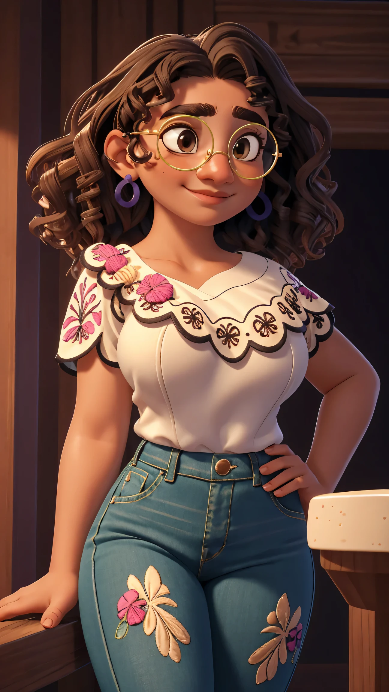 (best quality:1.4),(shiny skin), body focus, (cute face), (((best quality))), illustration, ((Beautiful Finger)), , Beautiful body, Beautiful character design, ,perfect lighting, Colorful, Bright_Front_face_Lighting, ultra high res, highres, absurdres:1.2, bokeh:1.2, lens flare, (vibrant_color:1.2), (thick thighs:1.3), THICK,
Curly hair, green glasses, brown eyes, light brown skin, white blouse with floral embroidery, purple and blue earrings, small nose, arched eyebrows, thin lips, slight smile, tight jeans, holding a beer, camel toe, huge breasts, huge breasts