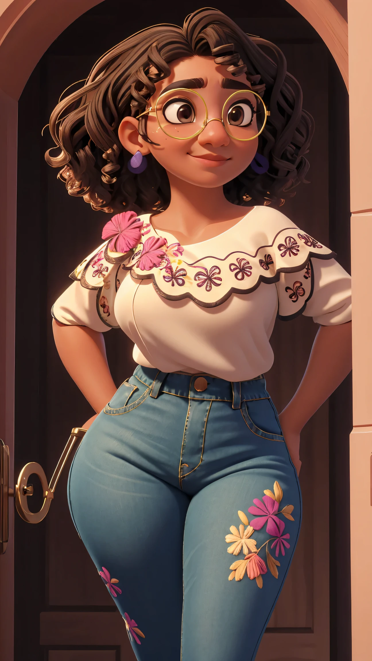(best quality:1.4),(shiny skin), body focus, (cute face), (((best quality))), illustration, ((Beautiful Finger)), , Beautiful body, Beautiful character design, ,perfect lighting, Colorful, Bright_Front_face_Lighting, ultra high res, highres, absurdres:1.2, bokeh:1.2, lens flare, (vibrant_color:1.2), (thick thighs:1.3), THICK,
Curly hair, green glasses, brown eyes, light brown skin, white blouse with floral embroidery, purple and blue earrings, small nose, arched eyebrows, thin lips, slight smile, tight jeans, holding a beer, camel toe, huge breasts, huge breasts