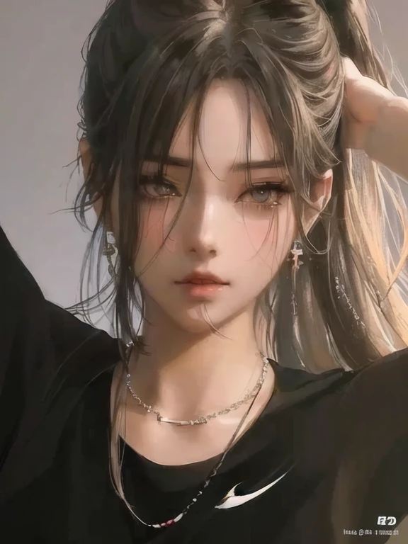 anime girl with a hair tie in her mouth and a necklace on her neck, realistic artstyle, artwork in the style of guweiz, anime realism style, realistic anime artstyle, with long hair and piercing eyes, realistic art style, realism artstyle, realistic anime art style, digital anime illustration, realistic anime 3 d style, guweiz