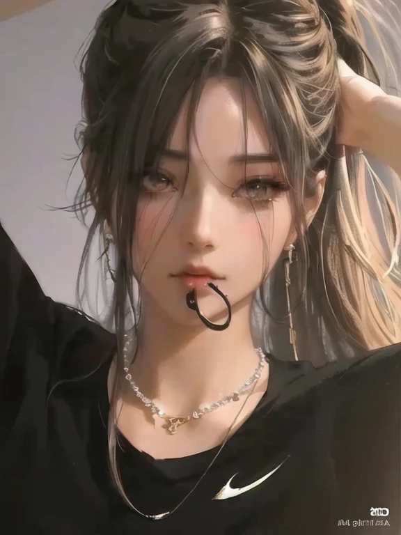 anime girl with a hair tie in her mouth and a necklace on her neck, realistic artstyle, artwork in the style of guweiz, anime realism style, realistic anime artstyle, with long hair and piercing eyes, realistic art style, realism artstyle, realistic anime art style, digital anime illustration, realistic anime 3 d style, guweiz