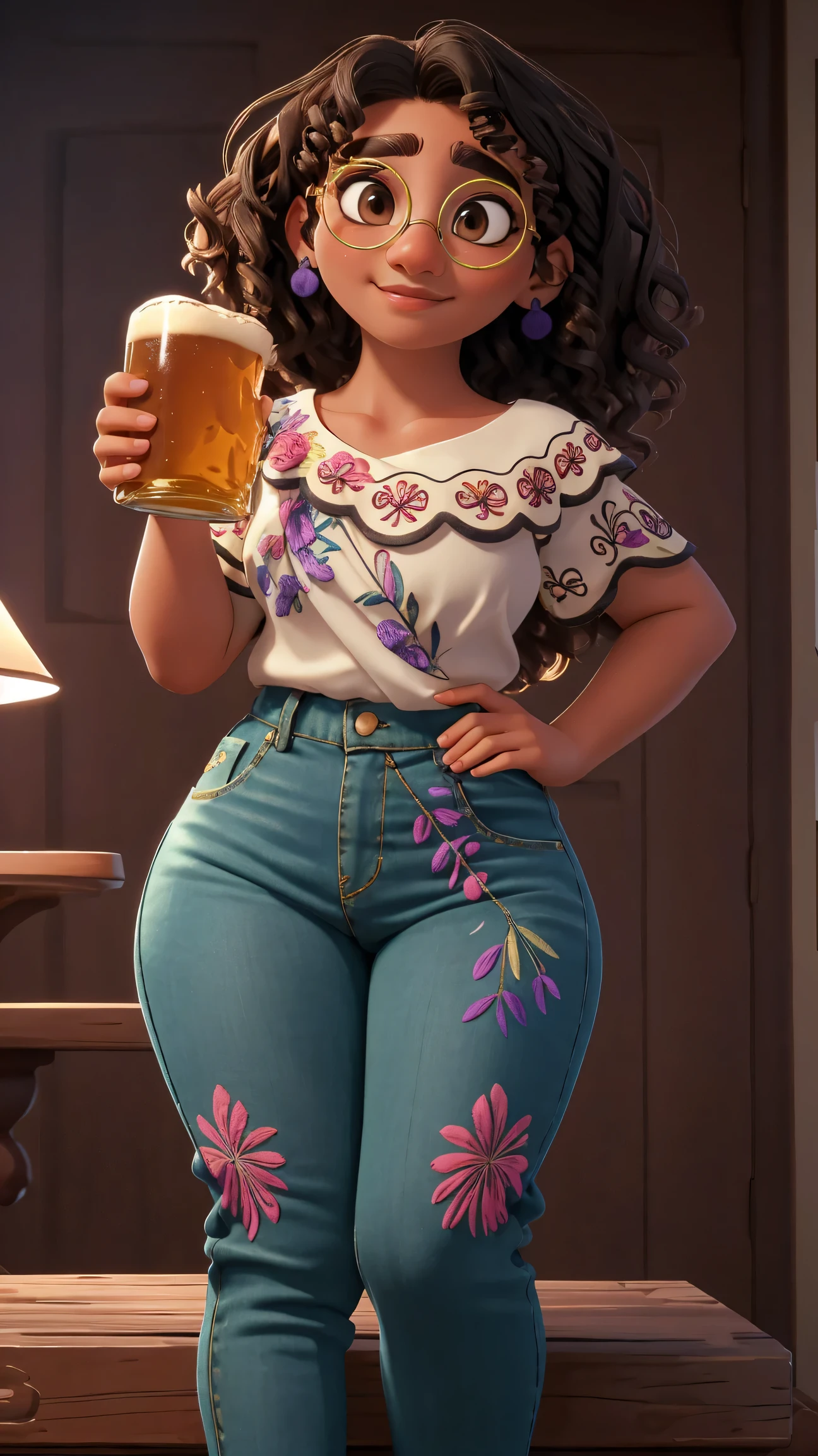 (best quality:1.4),(shiny skin), body focus, (cute face), (((best quality))), illustration, ((Beautiful Finger)), , Beautiful body, Beautiful character design, ,perfect lighting, Colorful, Bright_Front_face_Lighting, ultra high res, highres, absurdres:1.2, bokeh:1.2, lens flare, (vibrant_color:1.2), (thick thighs:1.3), THICK,
Curly hair, green glasses, brown eyes, light brown skin, white blouse with floral embroidery, purple and blue earrings, small nose, arched eyebrows, thin lips, slight smile, tight jeans, holding a beer, camel toe, huge breasts, huge breasts