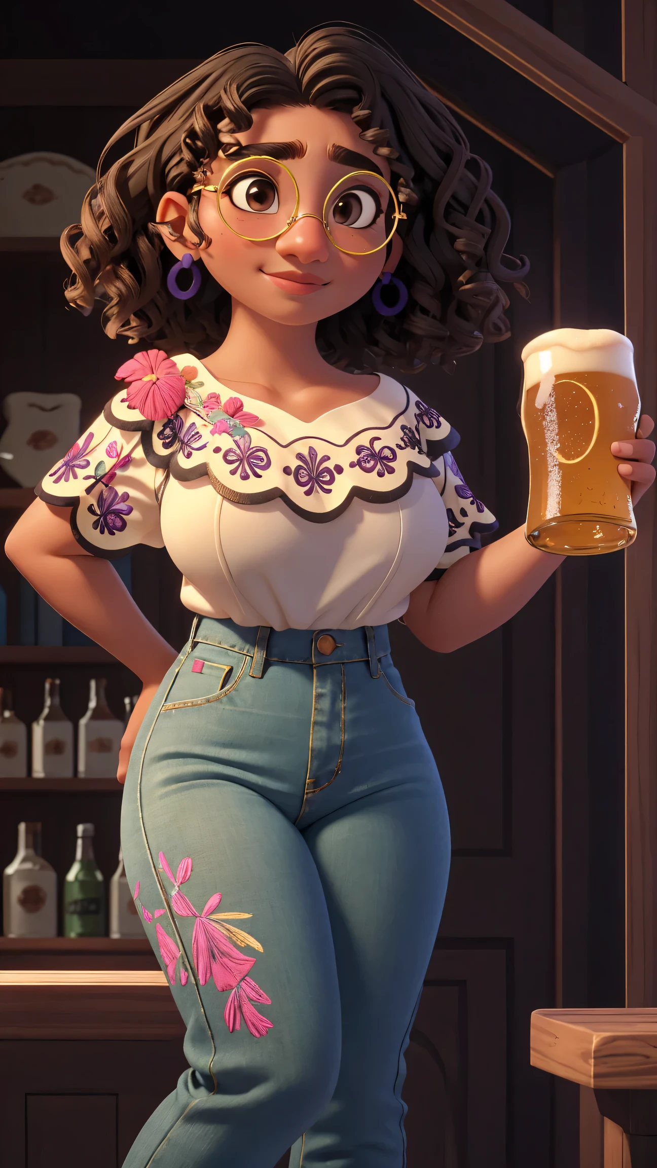 (best quality:1.4),(shiny skin), body focus, (cute face), (((best quality))), illustration, ((Beautiful Finger)), , Beautiful body, Beautiful character design, ,perfect lighting, Colorful, Bright_Front_face_Lighting, ultra high res, highres, absurdres:1.2, bokeh:1.2, lens flare, (vibrant_color:1.2), (thick thighs:1.3), THICK,
Curly hair, green glasses, brown eyes, light brown skin, white blouse with floral embroidery, purple and blue earrings, small nose, arched eyebrows, thin lips, slight smile, tight jeans, holding a beer, camel toe, huge breasts, huge breasts