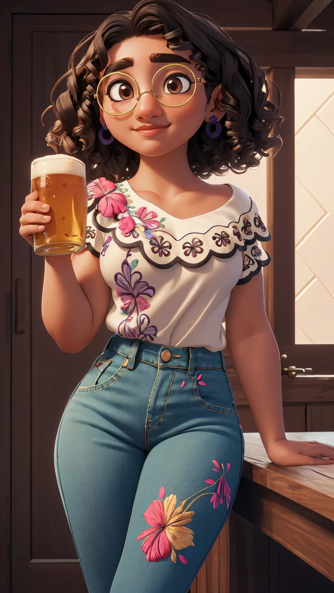 (best quality:1.4),(shiny skin), body focus, (cute face), (((best quality))), illustration, ((Beautiful Finger)), , Beautiful body, Beautiful character design, ,perfect lighting, Colorful, Bright_Front_face_Lighting, ultra high res, highres, absurdres:1.2, bokeh:1.2, lens flare, (vibrant_color:1.2), (Beautiful, medium breasts:1.6), (thick thighs:1.3), THICK,
Curly hair, green glasses, brown eyes, light brown skin, white blouse with floral embroidery, purple and blue earrings, small nose, arched eyebrows, thin lips, slight smile, jeans, holding a beer