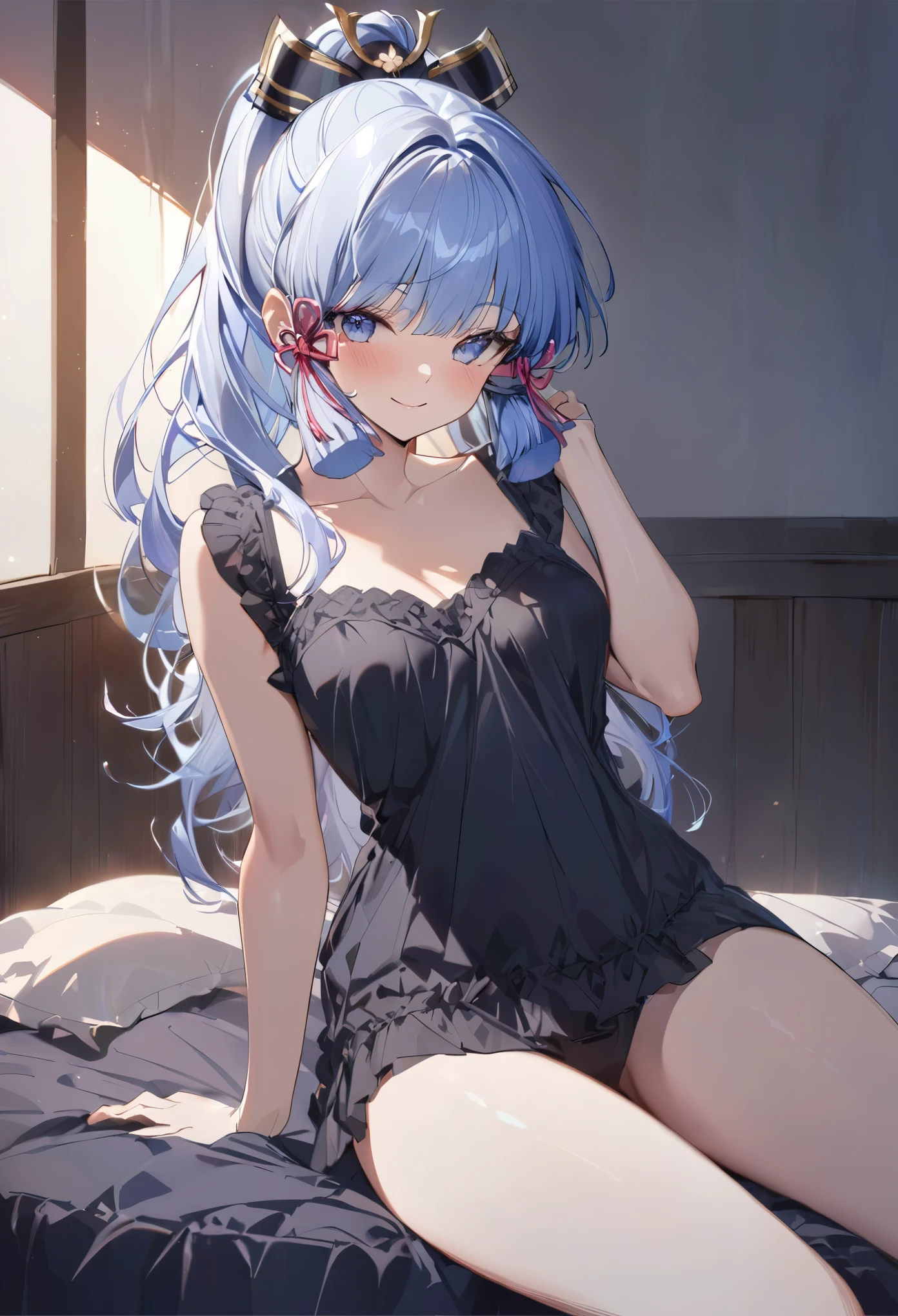 ayaka, long blue hair, beautiful face,smiling,close up to , moderate , sitting on bed, wearing black sleepwear , (open mouth:0.4),illustration,detailed textures(realists),ultra-detailed,portrait style,vivid colors,soft lighting, blushing, mature, no , hair fluttering,