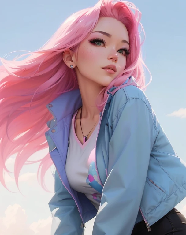 a woman with pink hair and a blue jacket is posing, artwork in the style of guweiz, ross tran style, rossdraws pastel vibrant, in the style of ross tran, realistic artstyle, inspired by Ross Tran, ig model | artgerm, style artgerm, realistic anime artstyle, deviantart artstation cgscosiety, ross tran 8 k