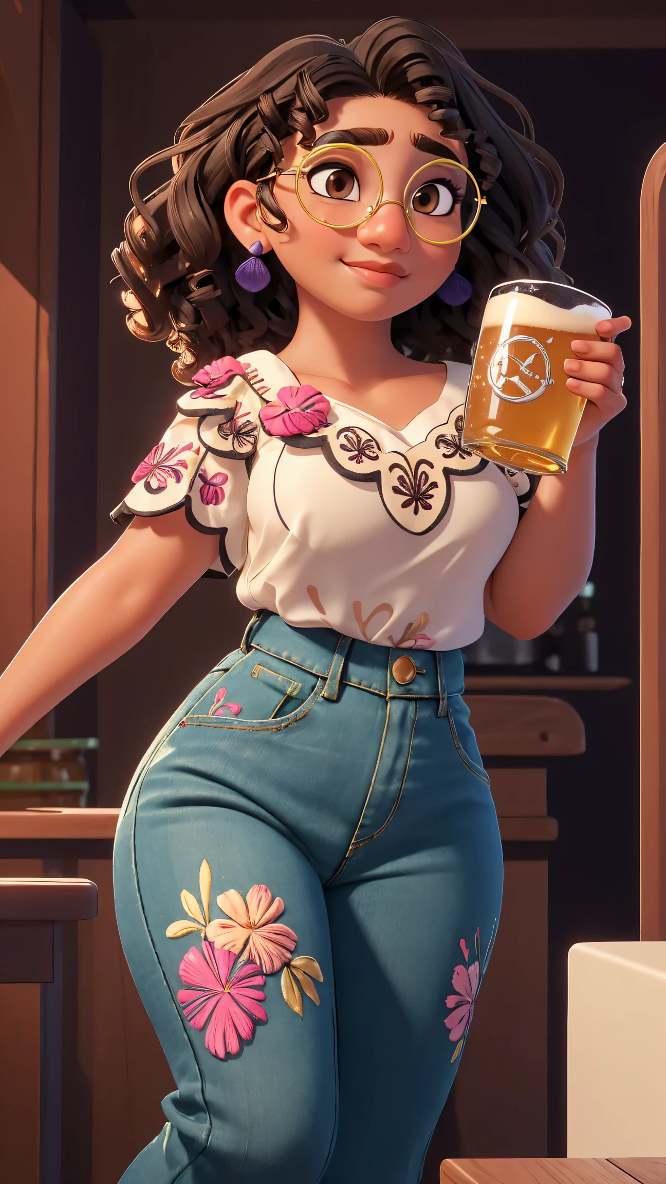 (best quality:1.4),(shiny skin), body focus, (cute face), (((best quality))), illustration, ((Beautiful Finger)), , Beautiful body, Beautiful character design, ,perfect lighting, Colorful, Bright_Front_face_Lighting, ultra high res, highres, absurdres:1.2, bokeh:1.2, lens flare, (vibrant_color:1.2), (Beautiful, medium breasts:1.6), (thick thighs:1.3), THICK,
Curly hair, green glasses, brown eyes, light brown skin, white blouse with floral embroidery, purple and blue earrings, small nose, arched eyebrows, thin lips, slight smile, jeans, holding a beer
