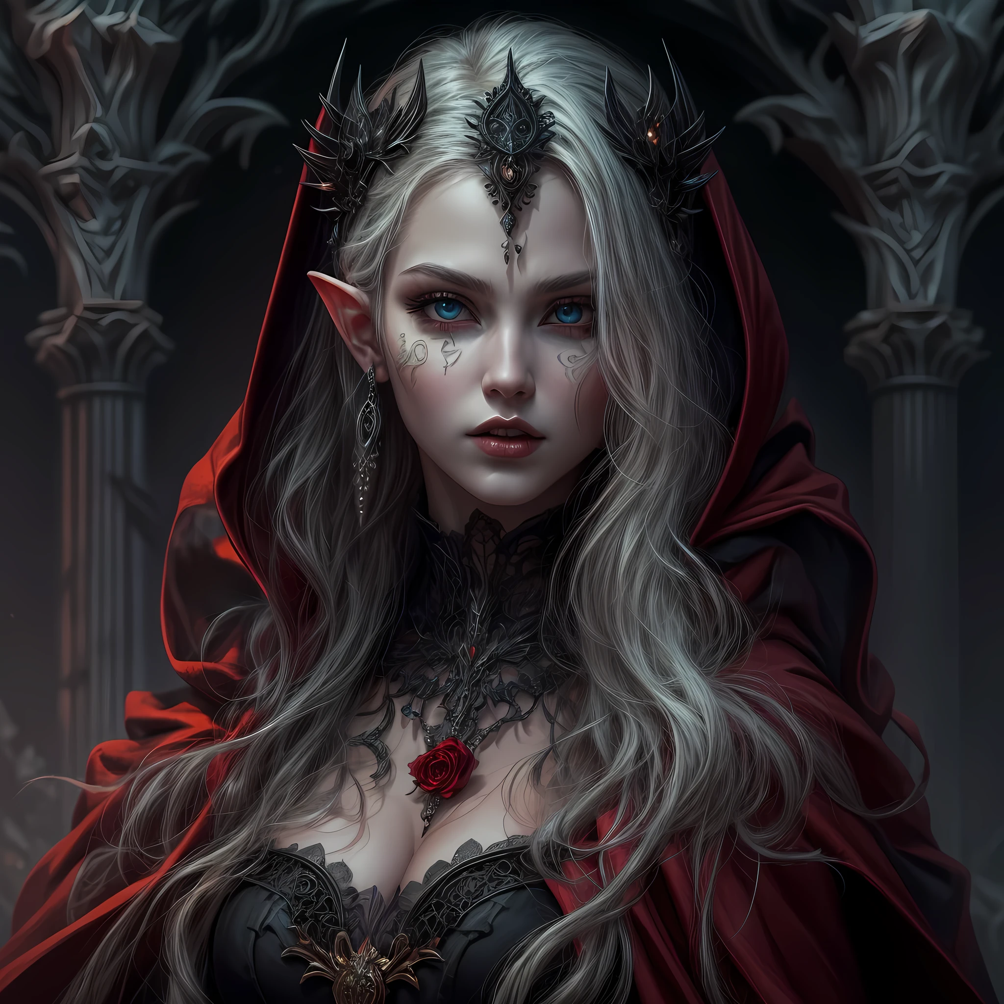 fantasy art, gothic art, (masterpiece:1.5), full body best details, highly detailed, best quality, Glowing Red, highres, full body portrait of a vampire, elf (Masterpiece, best quality: 1.6), ultra feminine, wizard, (intricate details, Masterpiece, best quality: 1.5) with a long curvy hair, light color hair, (red1.3) eyes, (fantasy art, Masterpiece, best quality), ((beautiful delicate face)), Ultra Detailed Face (intricate details, fantasy art, Masterpiece, best quality: 1.5), [[vampiric fangs 1.5]] (red cloak: 1.3) , flowing cloak (intricate details, fantasy art, Masterpiece, best quality: 1.3), wearing an intricate (black: 1.2) dress (intricate details, fantasy art, Masterpiece, best quality: 1.5), high heeled boots, urban background (intense details, beat details), fantasy, at night light, natural ,moon light, clouds, gothic atmosphere, soft light, dynamic light, [[anatomically correct]], high details, best quality, 8k, [ultra detailed], masterpiece, best quality, (extremely detailed), dynamic angle